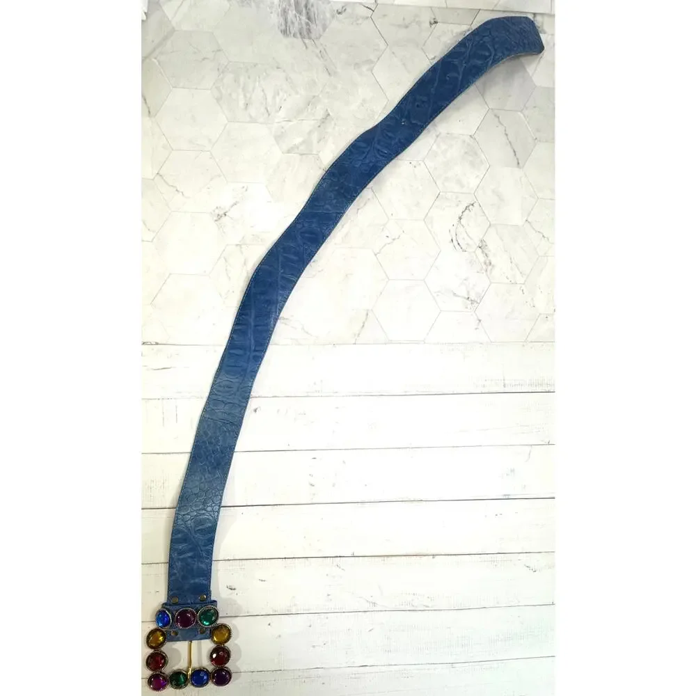 Vtg Nina Arjani Leatherock Belt Sz S Blue Leather Rhinestones San Diego 1980s